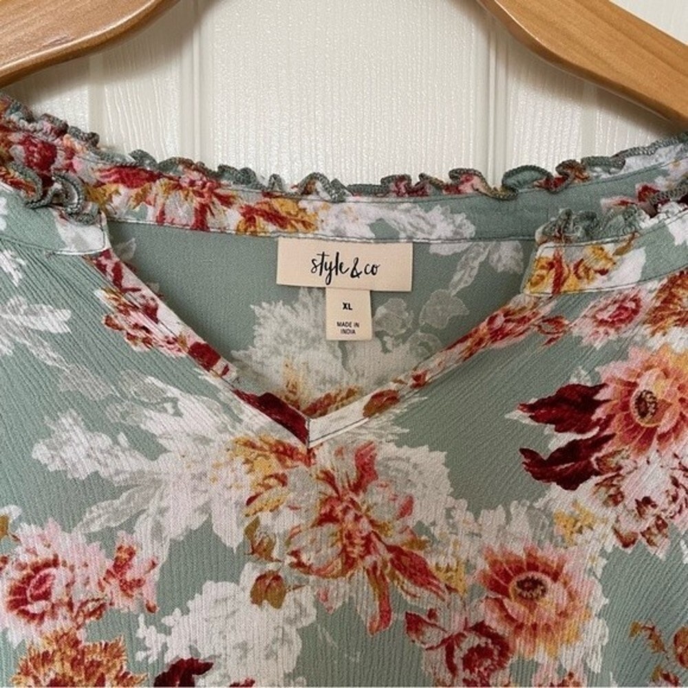 Style & Co - V-neck Ruffle Top Green & Rust Floral Print, XL - Picture 3 of 11